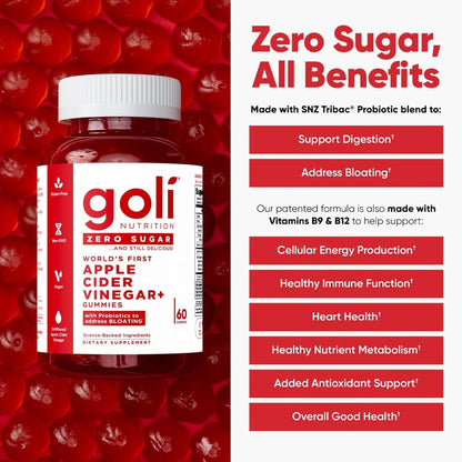 Goli Zero Sugar Apple Cider Vinegar Gummies - ACV with Vitamin B12 and Probiotics - No Sugar Alcohols - Vegan, Keto-Friendly, Gluten-free