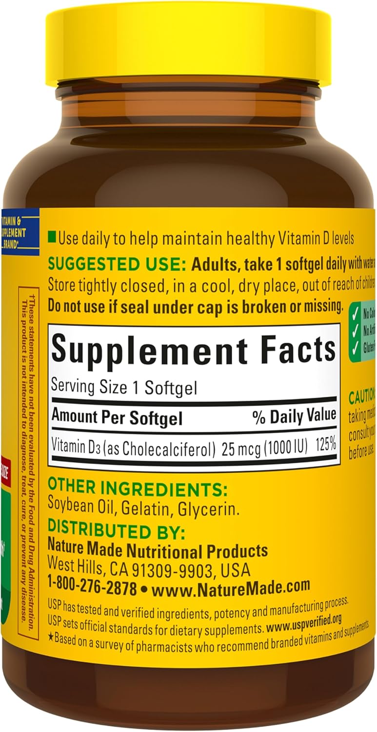 Nature Made Vitamin D3 1000 IU (25 mcg) Supplement, 180 Softgels - görsel 7