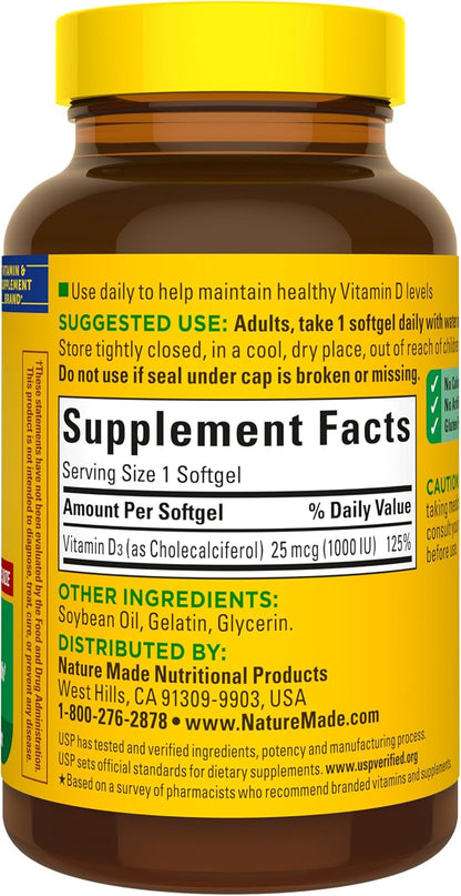 Nature Made Vitamin D3 1000 IU (25 mcg) Supplement, 180 Softgels