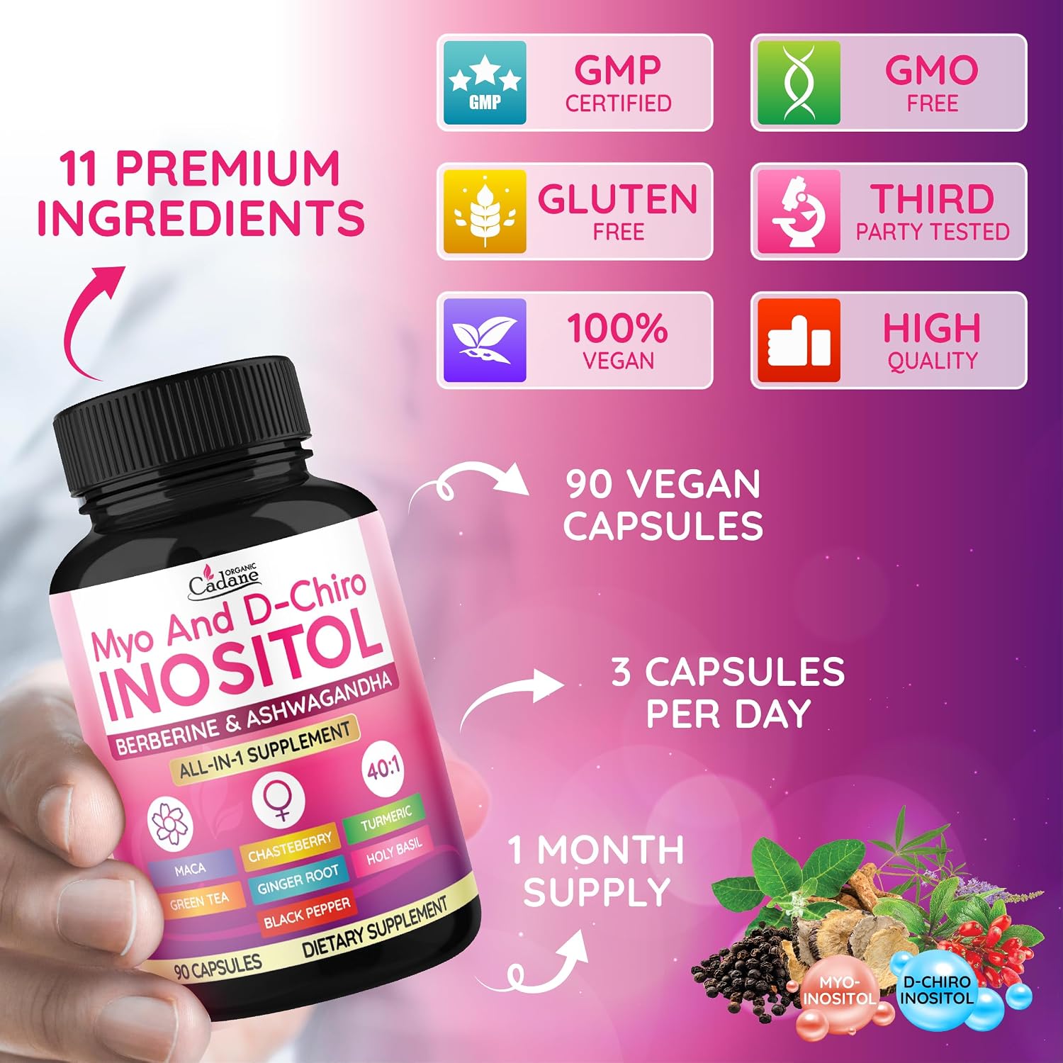 Organic Cadane Myo and D-Chiro Inositol Capsules for Women – 90 Capsules - görsel 3