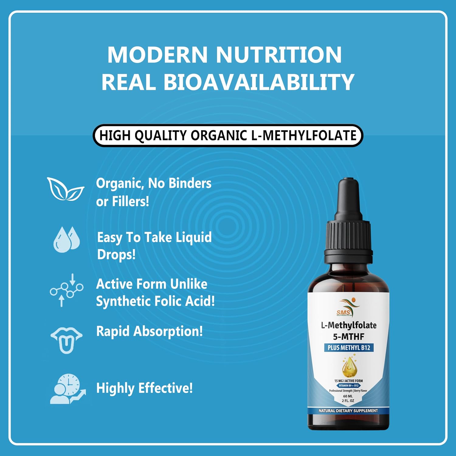 L-Methylfolate 15mg + Methyl B12 Liquid Drops, No Fillers, High Potency Sublingual Formula, Active 5-MTHF & Bioactive B12 for Normal Cognitive Function & Methylation Support, Berry Flavour (60ml) - görsel 6