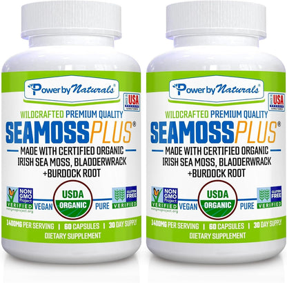 Power By Naturals Sea Moss Plus – Organic Irish Sea Moss, Bladderwrack & Burdock Root – 120 Capsules (2-Pack)