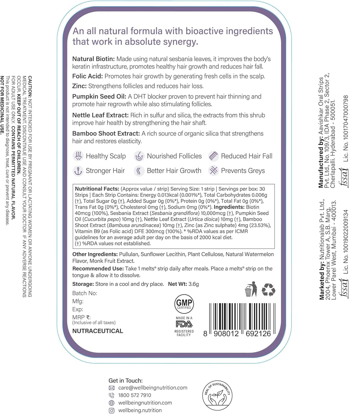Wellbeing Nutrition Melts Healthy Hair (30 Oral Thin Strips) with Plant Based Biotin, Zinc, Bamboo Extract, Folic Acid for Hair Nourishment, Strength and Thickness - görsel 6