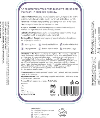 Wellbeing Nutrition Melts Healthy Hair (30 Oral Thin Strips) with Plant Based Biotin, Zinc, Bamboo Extract, Folic Acid for Hair Nourishment, Strength and Thickness