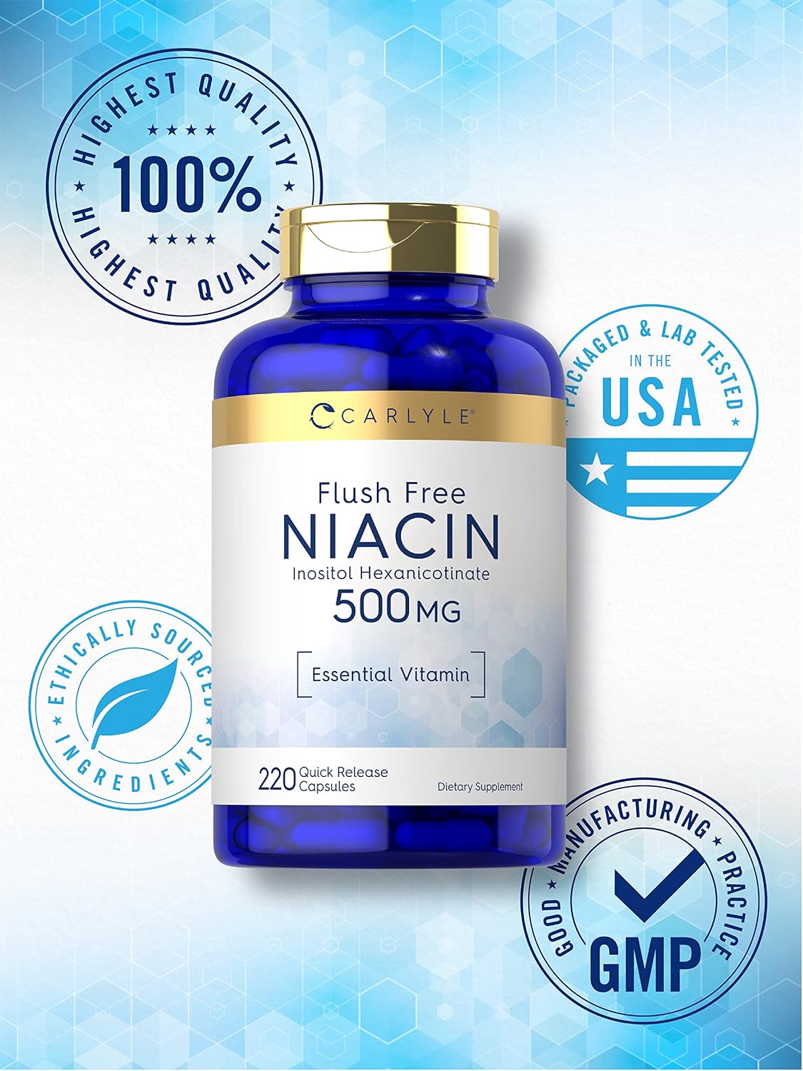 Carlyle Niacin Flush-Free 500mg | 220 Capsules | Non-GMO and Gluten-free Supplement - görsel 5