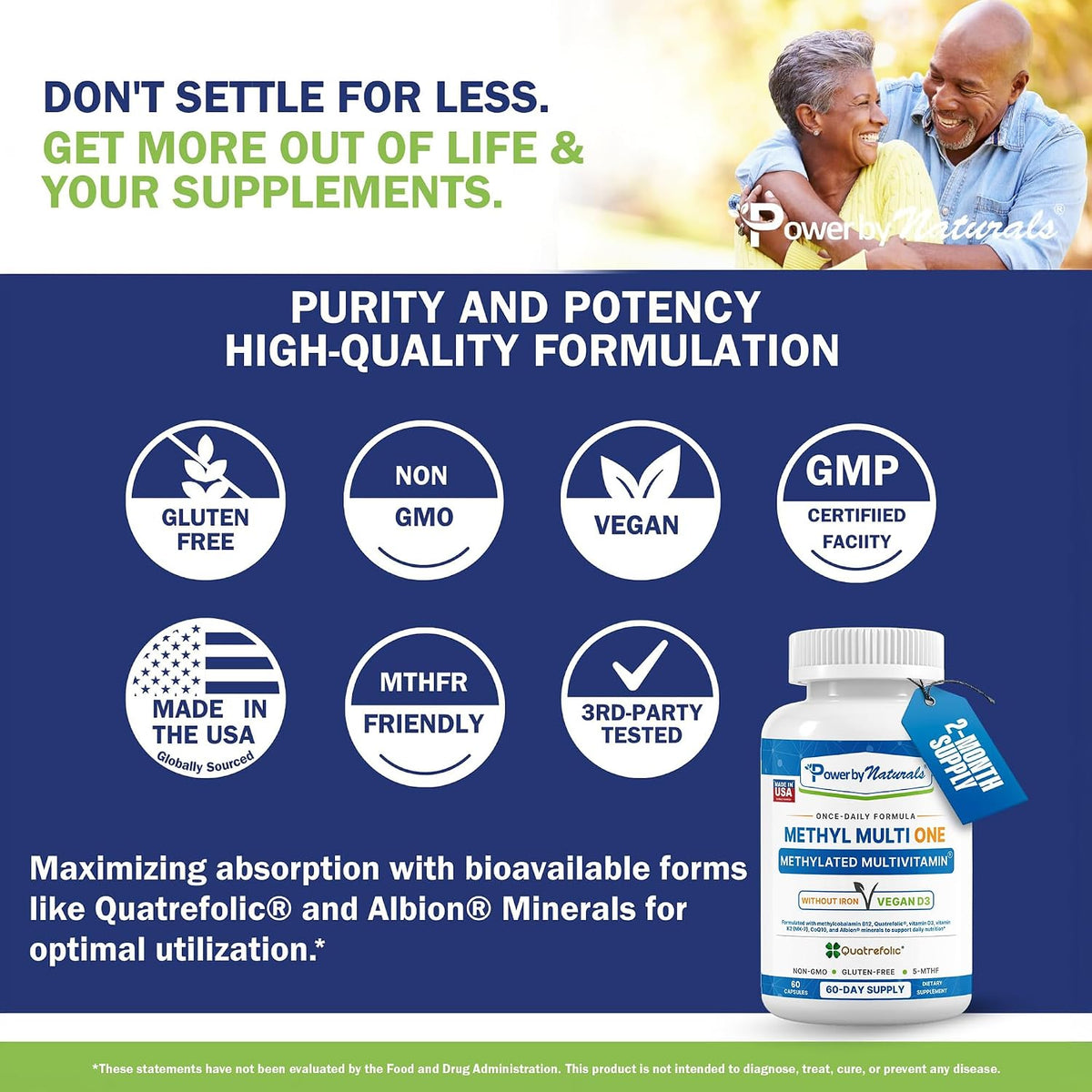 Power By Naturals Methyl Multi One – Iron-Free Methylated Multivitamin with 5-MTHF, Methyl B12 & CoQ10 – Methylation Support for Men and Women – Vegan, Non-GMO – 60 Capsules - görsel 6