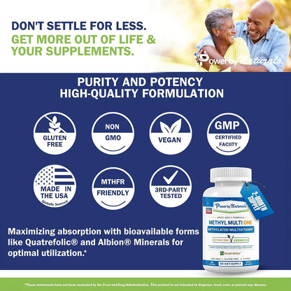 Power By Naturals Methyl Multi One – Iron-Free Methylated Multivitamin with 5-MTHF, Methyl B12 & CoQ10 – Methylation Support for Men and Women – Vegan, Non-GMO – 60 Capsules