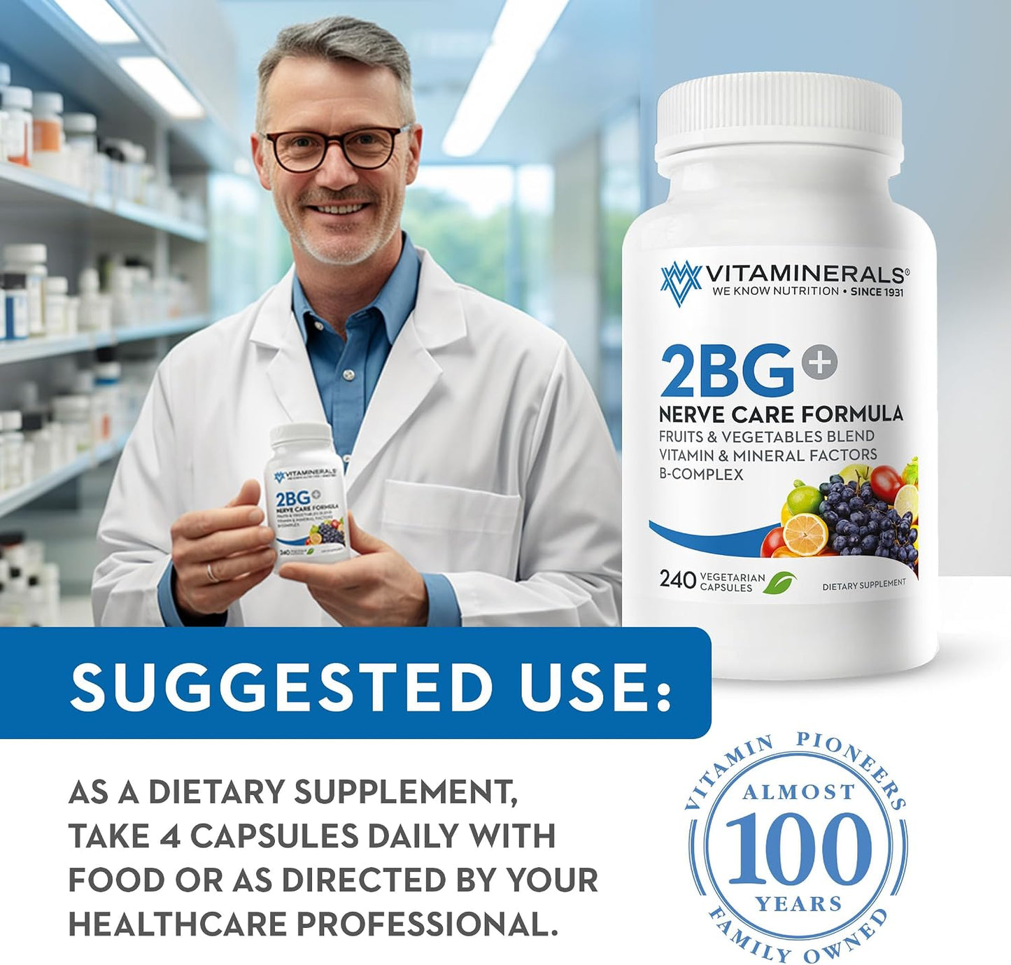 Vitaminerals 2BG+™ B Complex Nerve Support – High Potency B-Complex with Fruits & Veg Blend – 120 Veg Capsules - görsel 4
