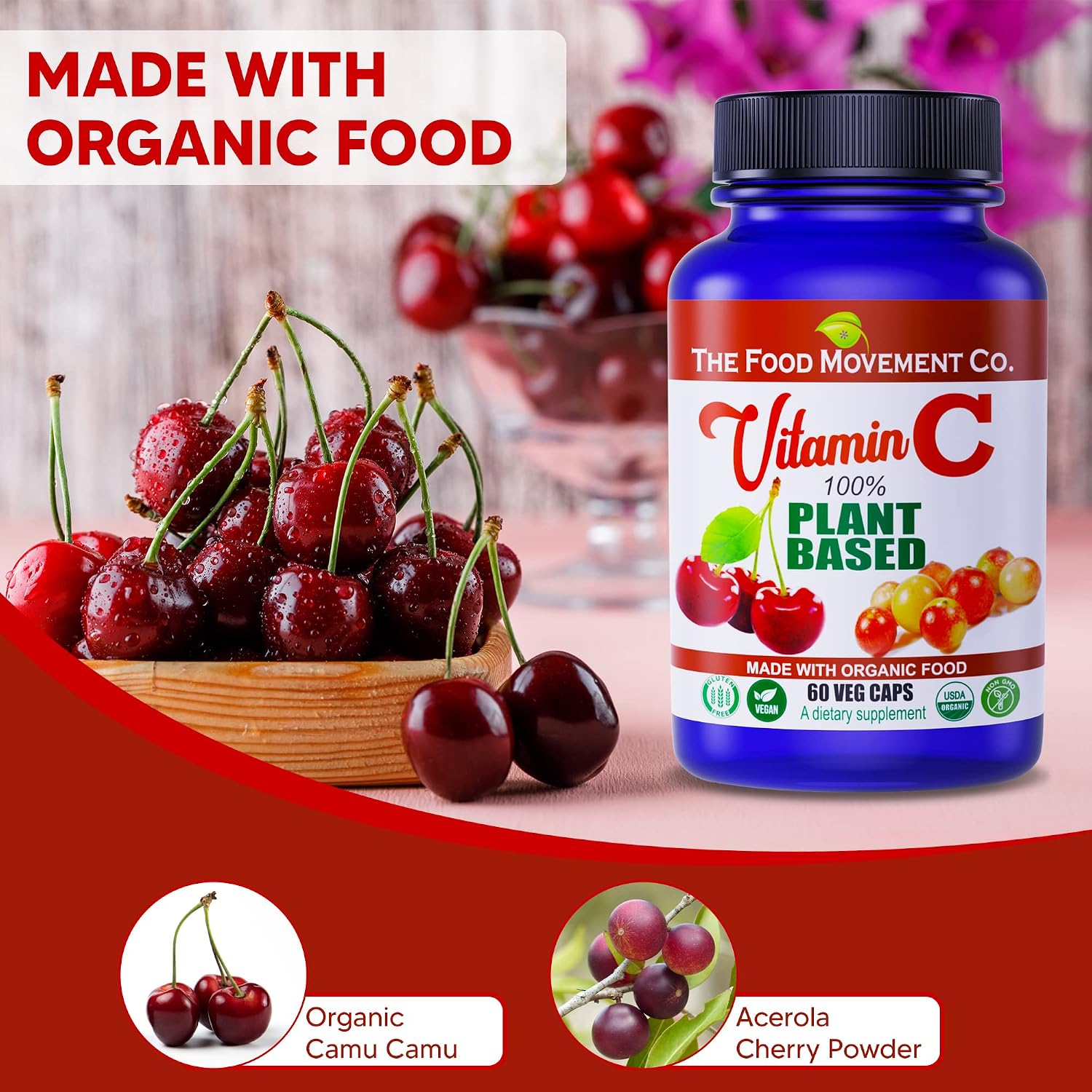 THE FOOD MOVEMENT CO. 100% Plant-Based Vitamin C 125mg – 60 Capsules – Vegan, Organic, Non-GMO, Gluten-Free Supplement with Camu Camu & Acerola - görsel 4