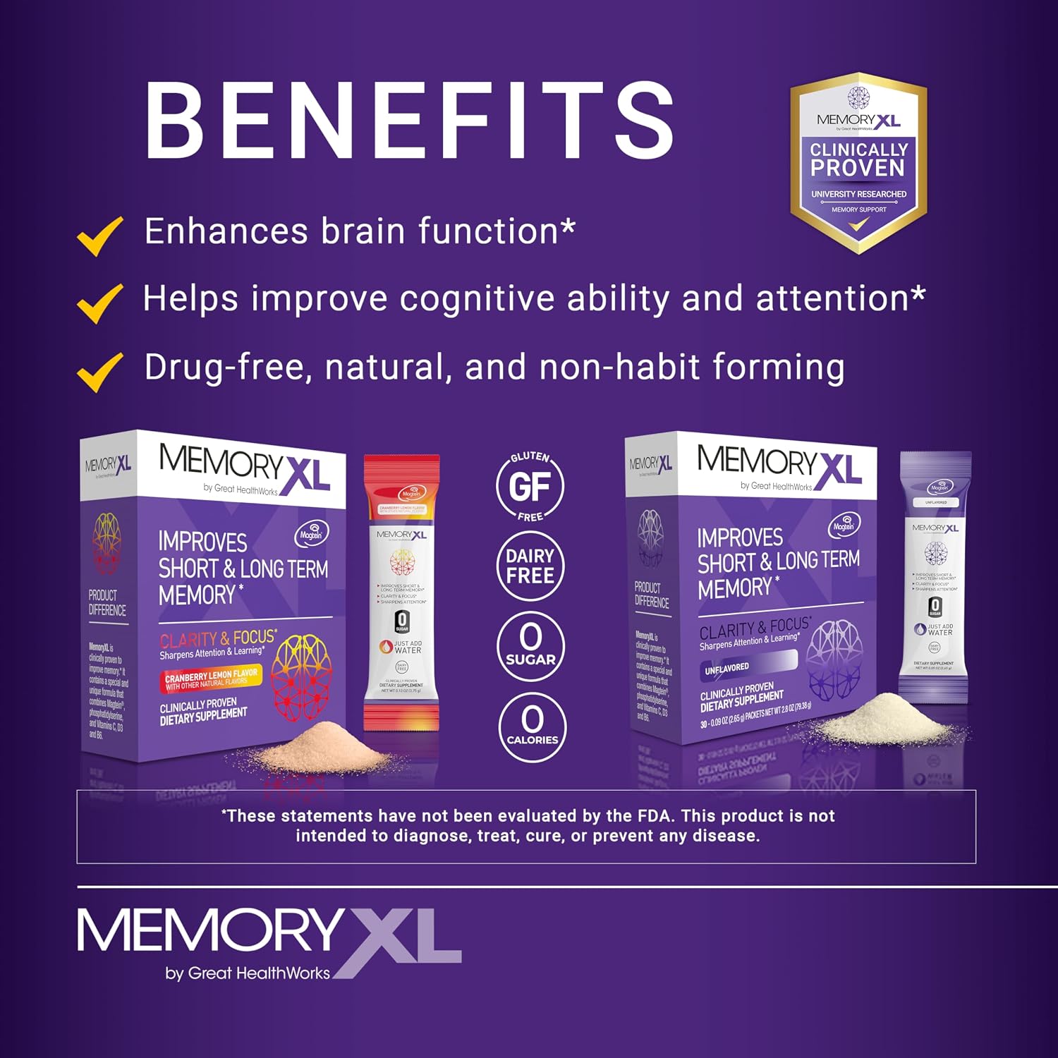 MemoryXL Brain Supplement with Magnesium L-Threonate (Magtein®), Phosphatidylserine and Vitamins - 30 Stick Packs, Cranberry Lemon - görsel 4