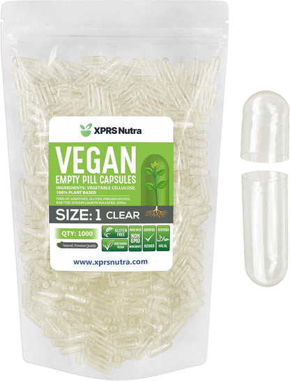 XPRS Nutra Size 1 Empty Capsules - 1000 Count Clear Vegan