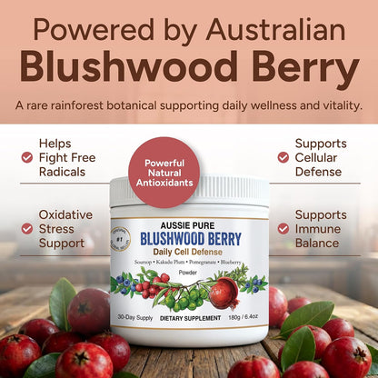 Aussie Pure Blushwood Berry Daily Cell Defence - Soursop, Kakadu Plum, Pomegranate, Blueberry - Immune and Cell Support Powder - 180g