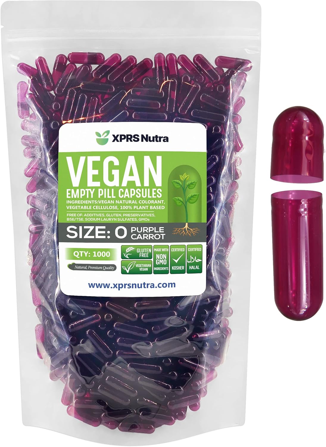 XPRS Nutra Size 0 Empty Capsules - 1000 Count - Vegan HPMC (Purple Carrot) - görsel 1