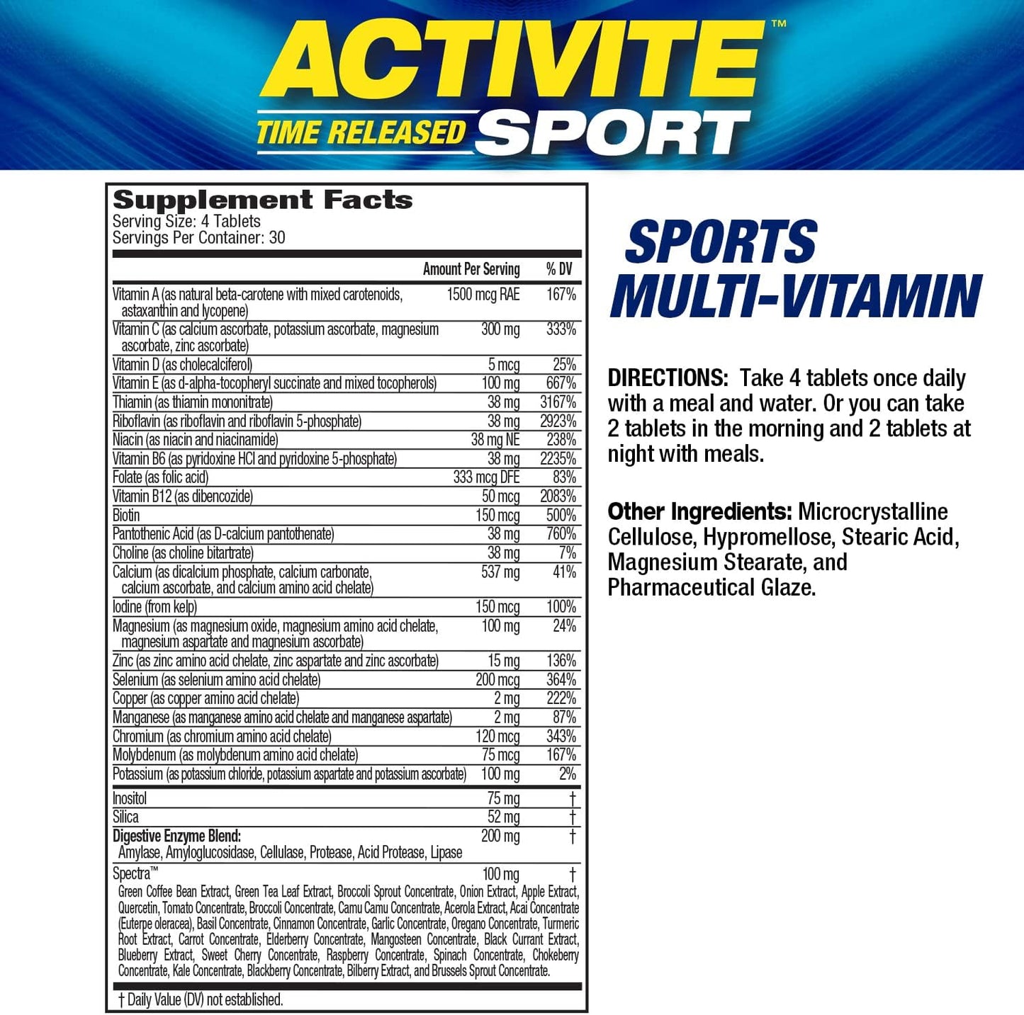 MHP Activite Sport Multi Vitamin – 25 Vitamins and Minerals with Nitric Oxide Booster, Digestive Enzymes, Antioxidants, 120 Tablets - görsel 2