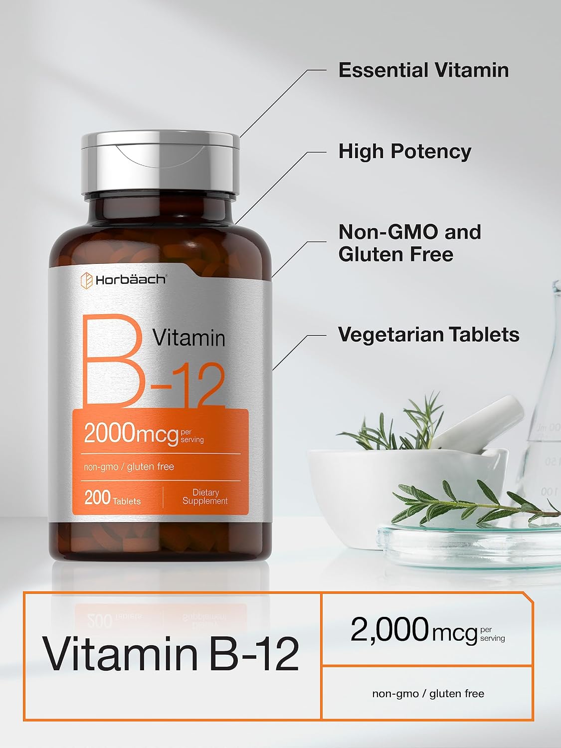 Horbäach B12 Vitamin 2000 mcg | 200 Vegetarian Tablets | Non-GM & Gluten-free - görsel 3
