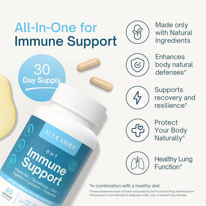 8 in 1 Immune Support Supplement – Daily Immunity Capsules for Adults – Immune System Support with L-Lysine, Vitamin D and Zinc for Men & Women, 60 Capsules