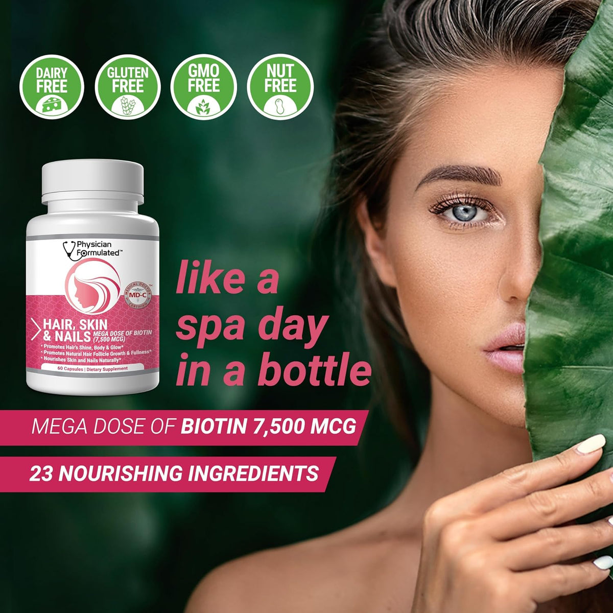 Physician Formulated Hair, Skin and Nails Vitamins - 7500 mcg Biotin with Collagen & Hyaluronic Acid - 60 Capsules – Image 2