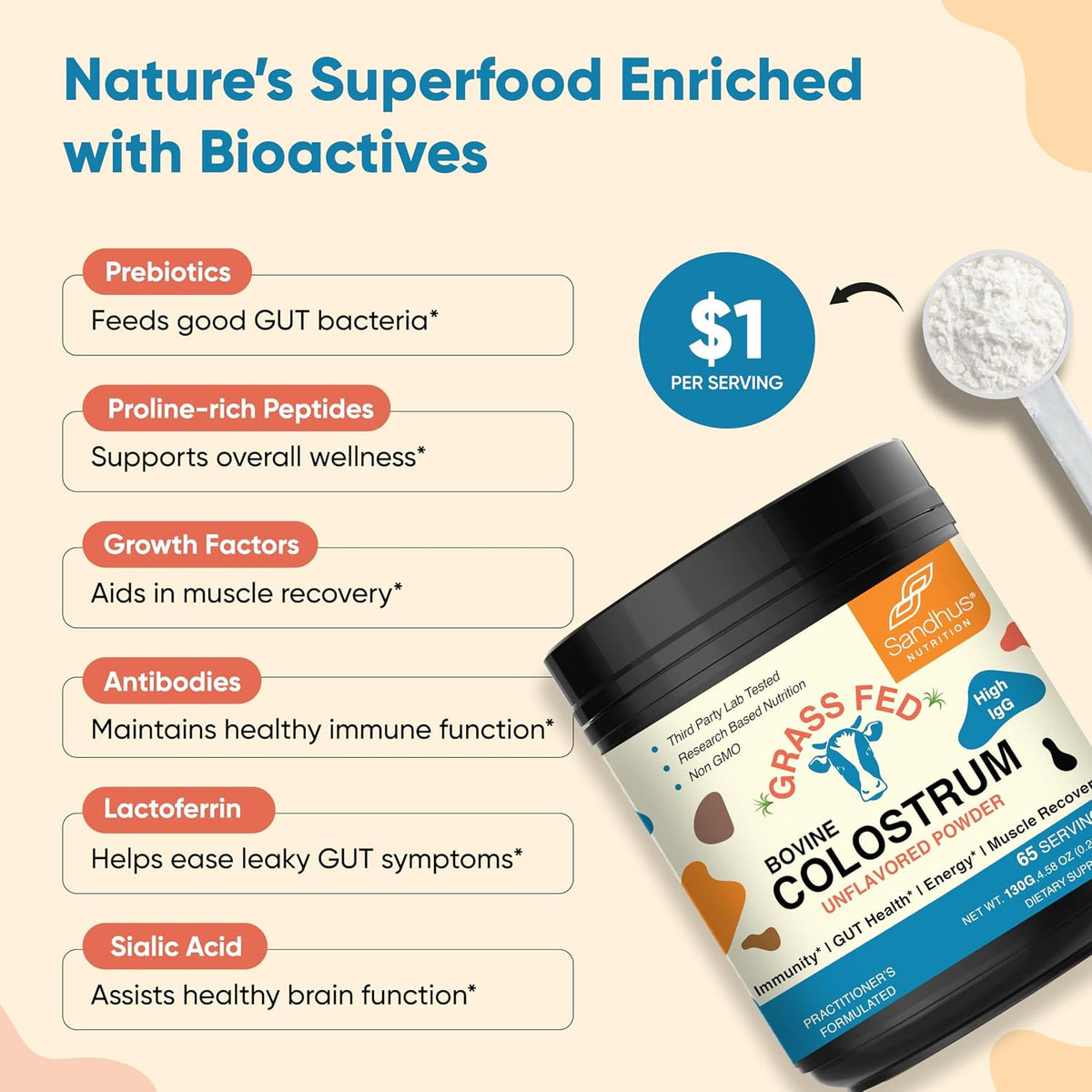 Sandhu's Grass-Fed Bovine Colostrum Powder – 65 Servings, Unflavoured - görsel 5