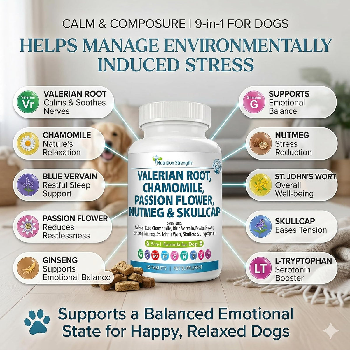 Nutrition Strength 9-in-1 Valerian Root for Dogs 200mg, Chamomile 160mg, Blue Vervain, Passion Flower, Ginseng, Nutmeg, St John's Wort, L-Tryptophan for Dog Stress Relief & Calming, 120 Tablets - görsel 3