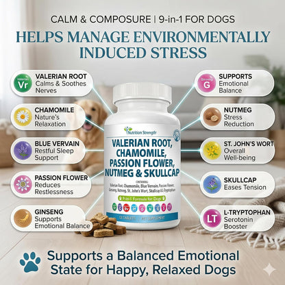 Nutrition Strength 9-in-1 Valerian Root for Dogs 200mg, Chamomile 160mg, Blue Vervain, Passion Flower, Ginseng, Nutmeg, St John's Wort, L-Tryptophan for Dog Stress Relief & Calming, 120 Tablets