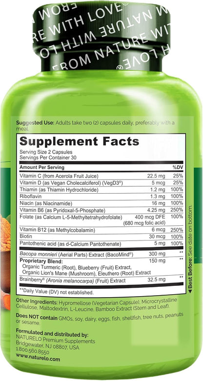 NATURELO Whole Food Brain Supplement for Memory and Concentration Support (Pack of 2)