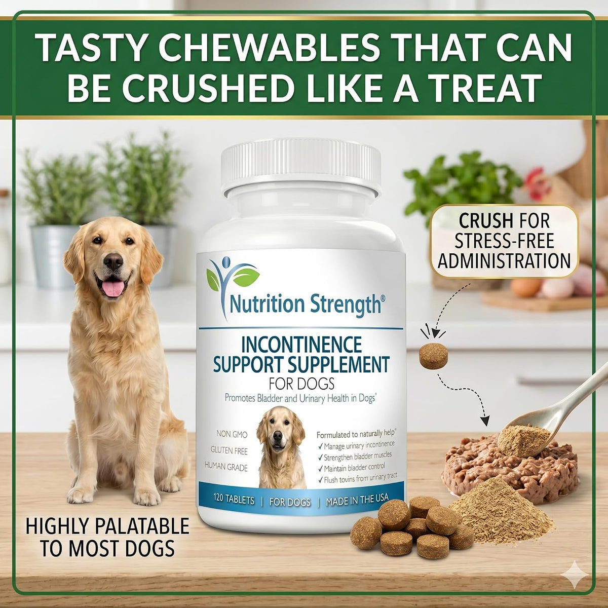 Dog Incontinence Support – Organic Herbal Supplement for Bladder Control – 120 Chewable Tablets - görsel 7