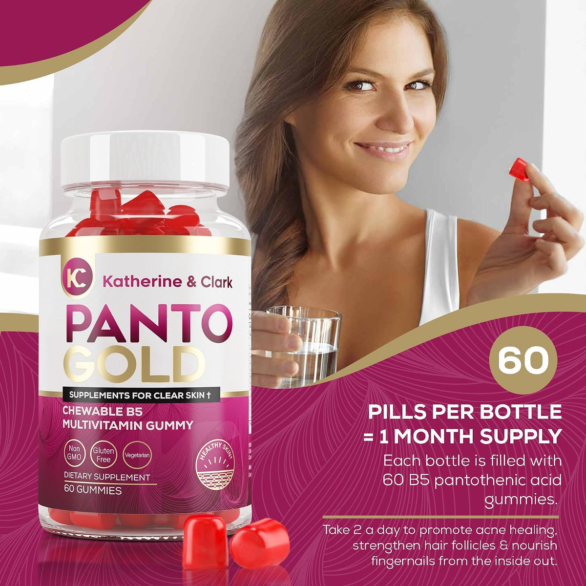 Katherine & Clark Panto Gold Vitamin B5 Pantothenic Acid Gummies for Acne - Hair Skin and Nails - Biotin, Zinc, Folic Acid - 60 Count - görsel 3