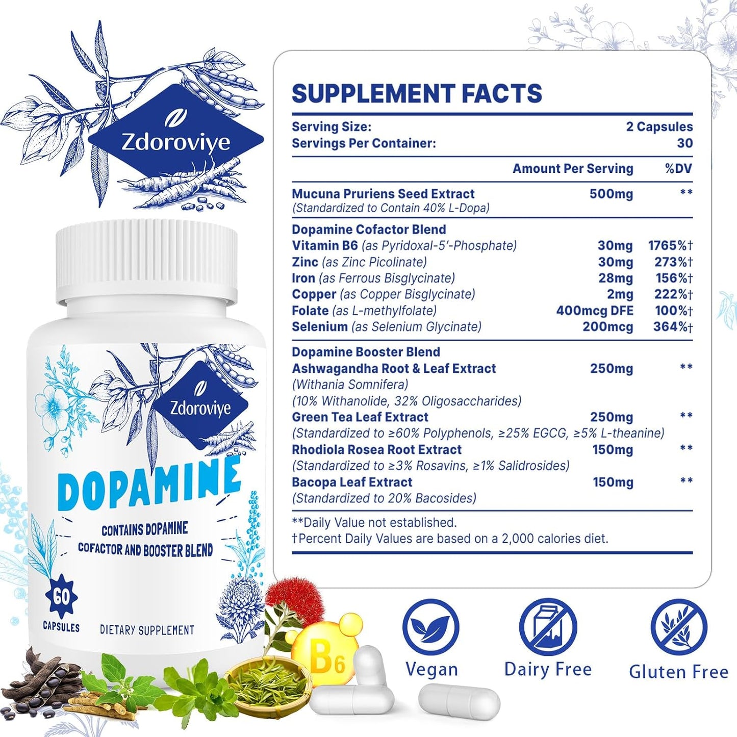 Zdoroviye Dopamine Supplement - 500mg Mucuna Pruriens Extract (40% L-DOPA) - 60 Capsules - görsel 2