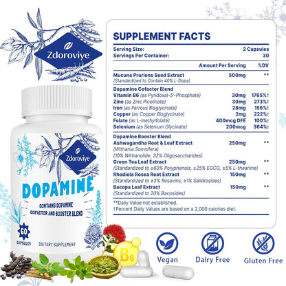 Zdoroviye Dopamine Supplement - 500mg Mucuna Pruriens Extract (40% L-DOPA) - 60 Capsules