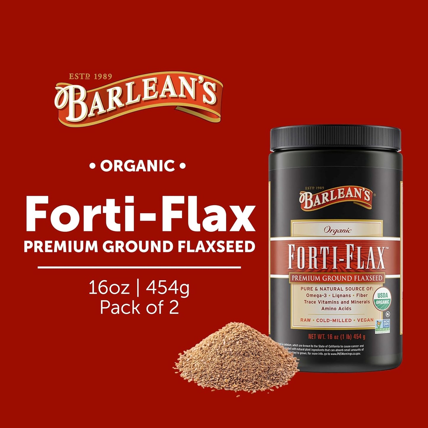 Barlean's Forti-Flax Organic Flaxseed 2 Pack, Ground Whole Raw Seeds, Omega 3 Seed Fibre Supplement with Lignans, Vegan, 2 x 454g - görsel 2