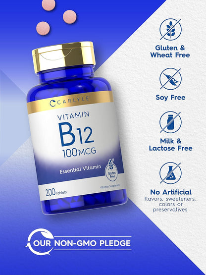 Carlyle Vitamin B12 100mcg | 200 Tablets | Vegan, Non-GM, Gluten-free Food Supplement