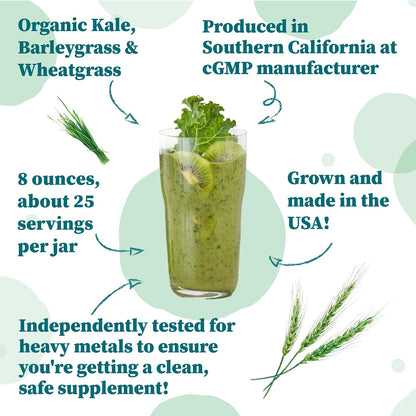 Nature Restore Organic Greens Powder (227 g). 100% Pure Grown in USA Kale, Wheatgrass & Barleygrass. Alkaline-Forming Morning Green Juice Shot & Digestive Support. No-Mess Juicer Alternative, Gluten-Free