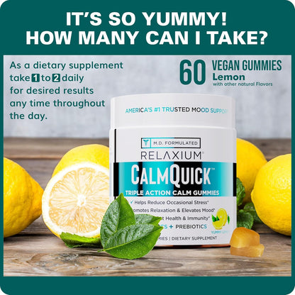 Relaxium Calm Gummies – Calm, Gut Health & Immune Support – Vitamin B6, Magnesium, L-Theanine – Prebiotic & Probiotic Blend – Lemon Flavour, 60 Gummies