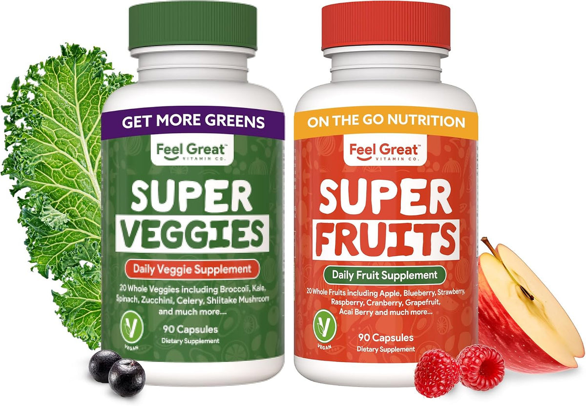 Feel Great Fruit and Vegetable Supplements | 20+ Super Reds & Greens for Natural Energy Support | Vegan Fruit and Veg Capsules | 2 Pack of 90 Capsules Each - görsel 1