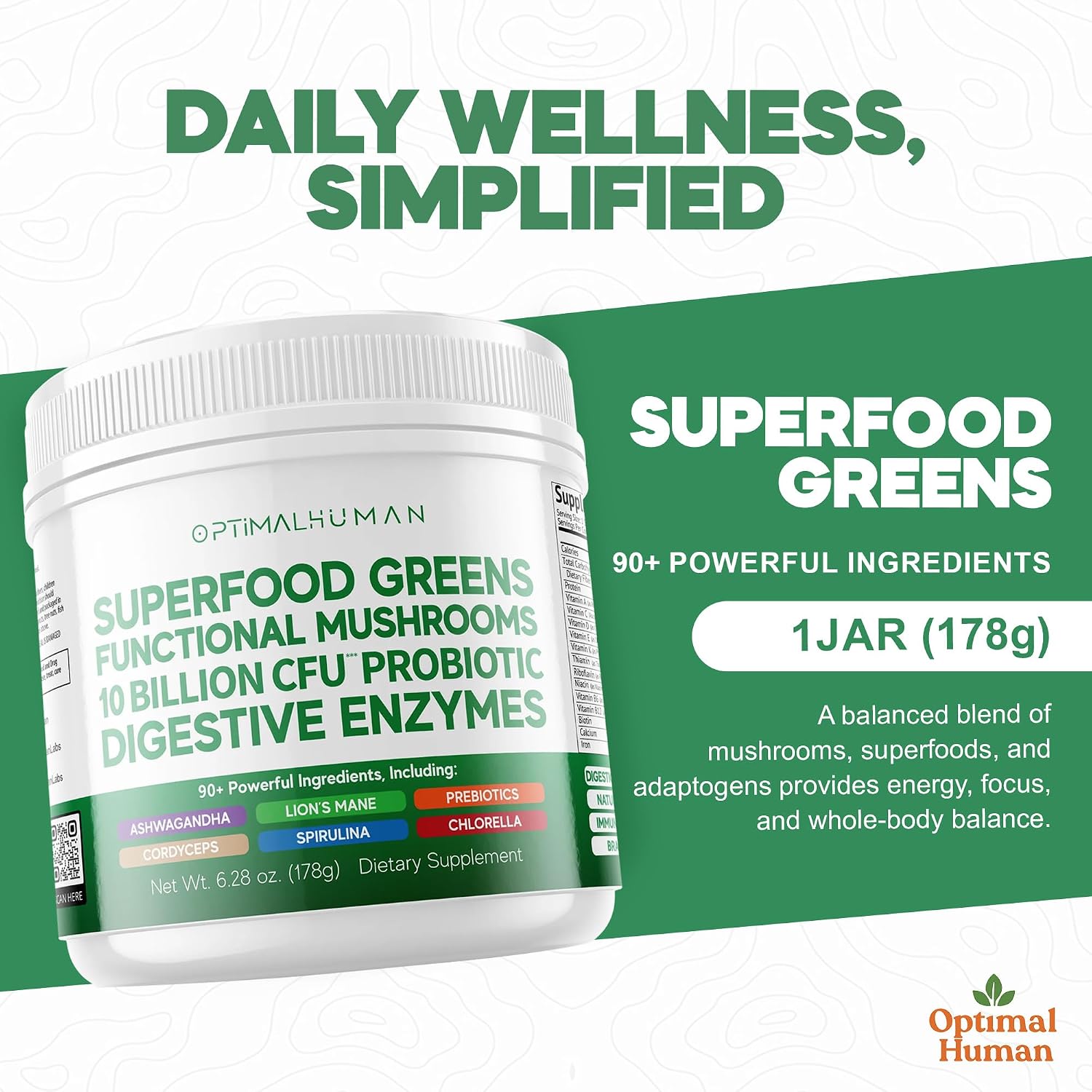Optimum Human Superfood Greens Powder – 90+ Ingredient Blend with Lion’s Mane, Ashwagandha & Turmeric – Non-GMO, Soya-Free, Mushroom Supplements for Women – 178 g - görsel 2