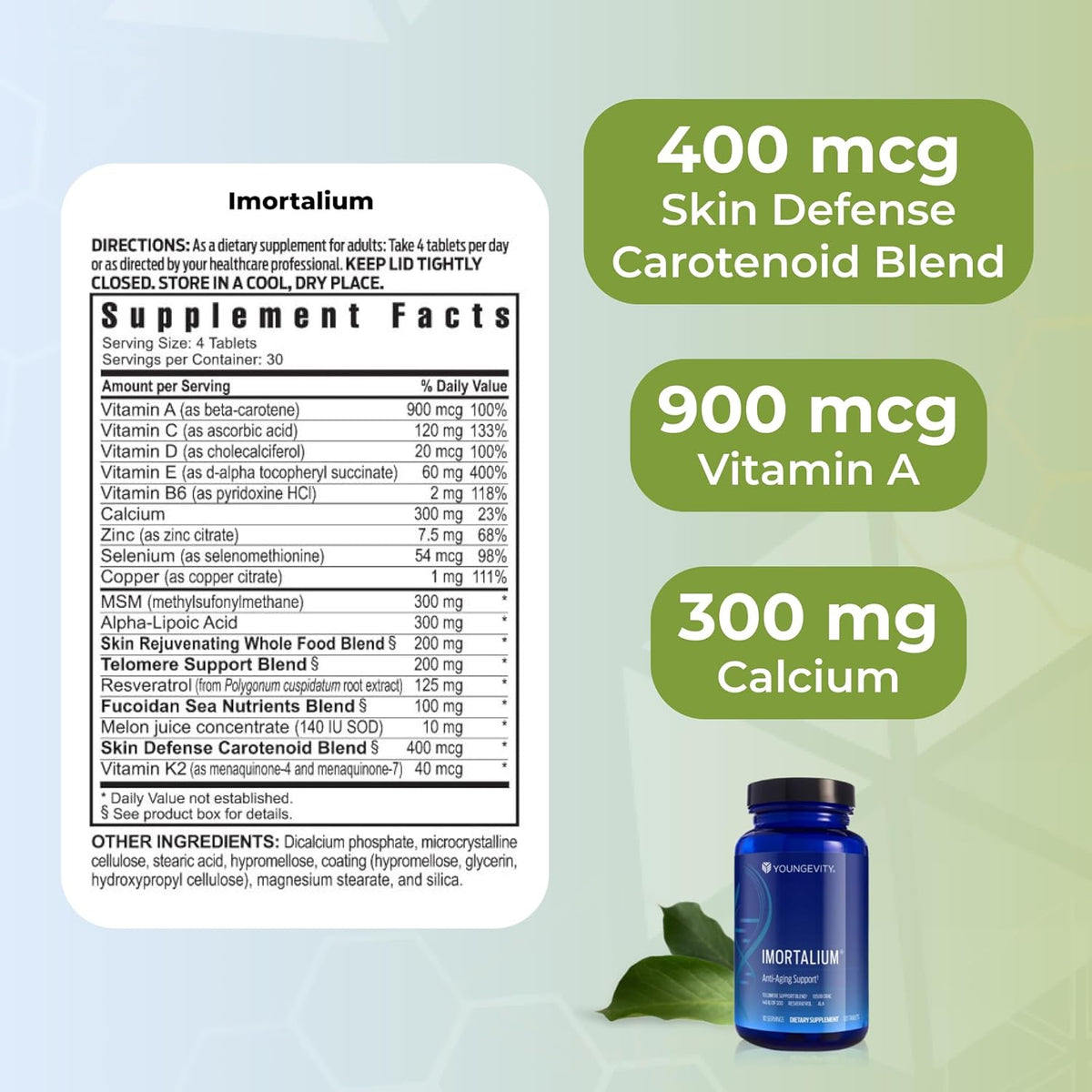 Youngevity Imortalium - Anti-Ageing Cellular Health Supplement, Fucoxanthin, Carotenoid Blend, Fucoidan Blend, MSM, Glutathione, Skin Rejuvenating Blend + 12 Whole Foods, 120 Tablets - görsel 3
