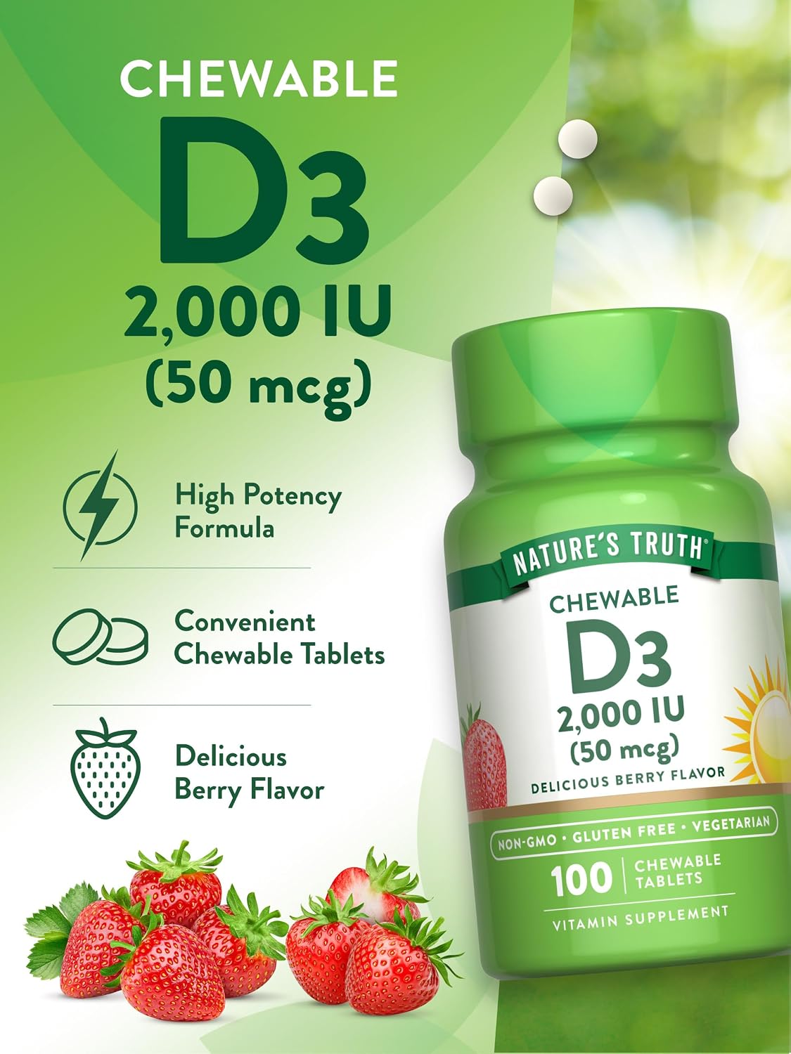 Nature's Truth Chewable Vitamin D3 2,000 IU - 100 Tablets, Berry Flavour - Vegetarian, Non-GMO, Gluten-free Supplement - görsel 5
