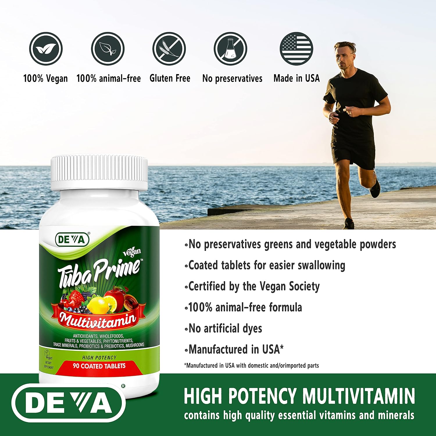 DEVA Tuba Prime Vegan Multivitamin – High-Potency Vitamin and Mineral Food Supplement with Antioxidants, Fruits, Vegetables, Super Mushrooms, Probiotics, Prebiotics, Seeds, Herbs – 90 Tablets - görsel 4
