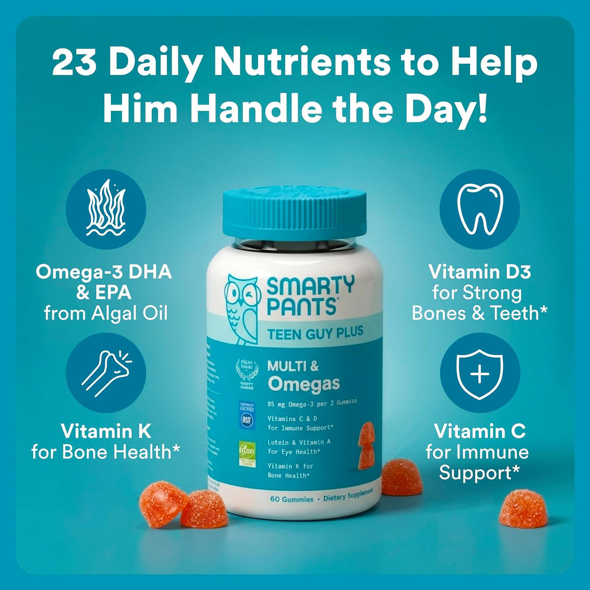 SmartyPants Teen Guy Plus Multi & Omegas Multivitamin Gummies, Pineapple and Orange, 60 Gummies (30 Day Supply) - görsel 2
