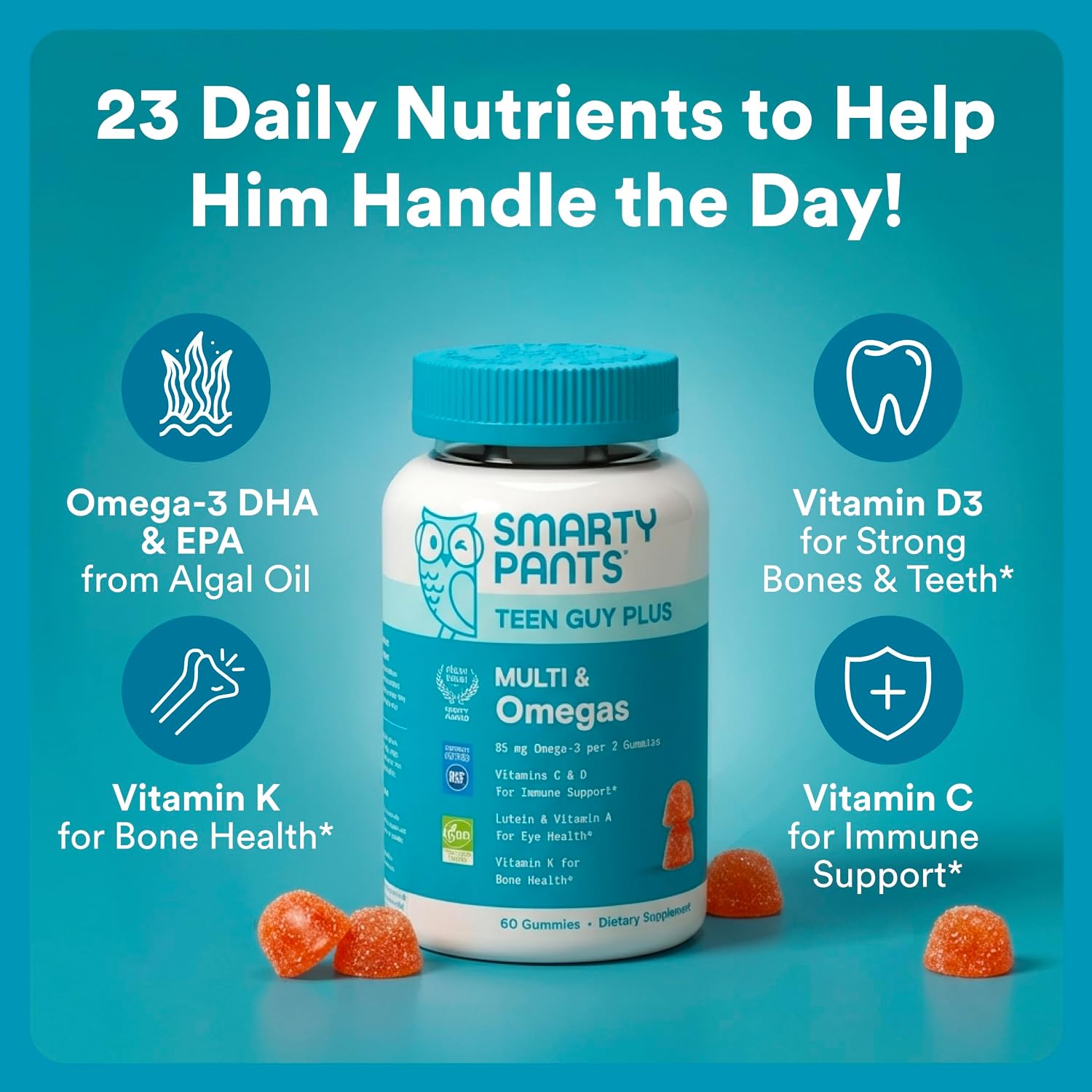 SmartyPants Teen Guy Plus Multi & Omegas Multivitamin Gummies, Pineapple and Orange, 60 Gummies (30 Day Supply) - görsel 2