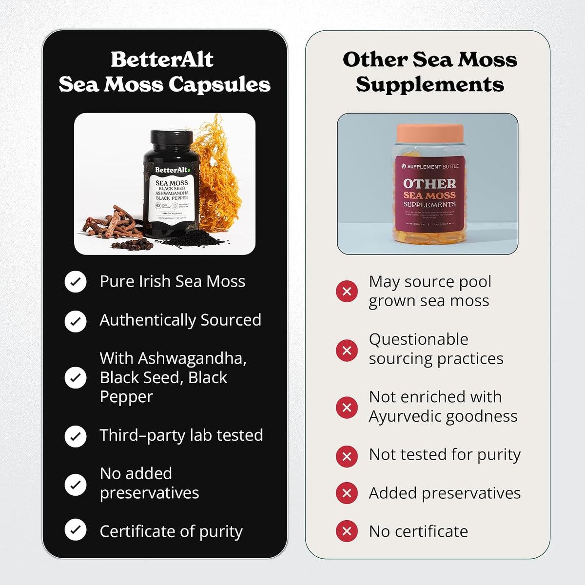 Better Alt Irish Sea Moss Supplement – 3000mg Sea Moss, 2000mg Black Seed Oil, 1000mg Ashwagandha, 1000mg Burdock Root, 1000mg Bladderwrack with Black Pepper & Vitamin C – 120 Capsules - görsel 5