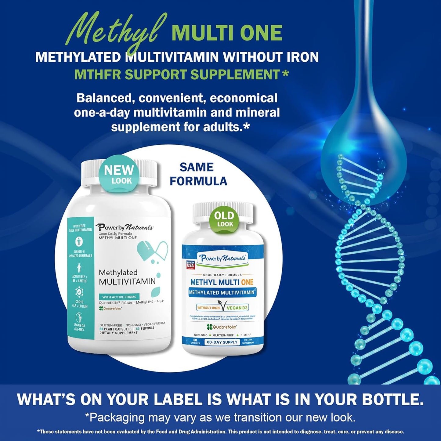 Power By Naturals Methyl Multi One – Iron-Free Methylated Multivitamin with 5-MTHF, Methyl B12 & CoQ10 – Methylation Support for Men and Women – Vegan, Non-GMO – 60 Capsules - görsel 2