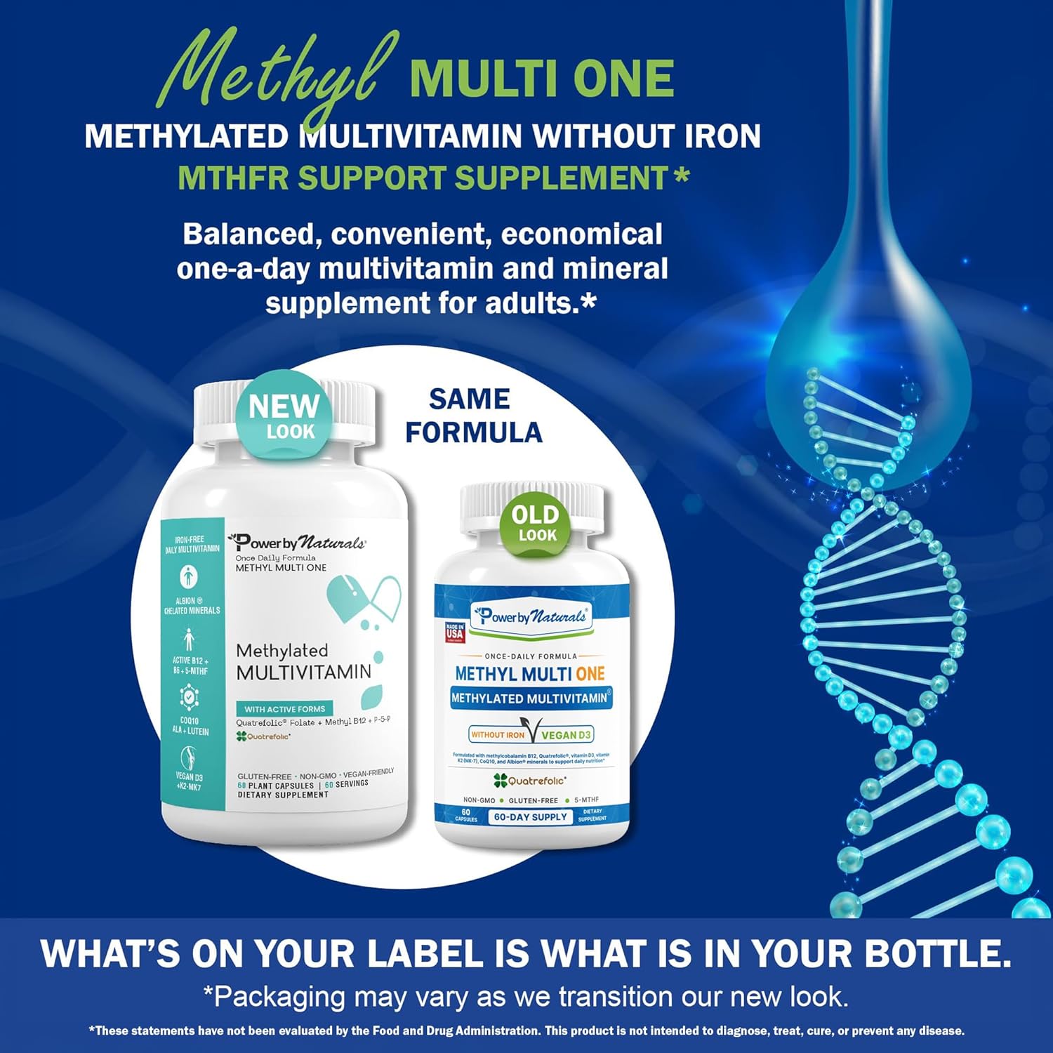 Power By Naturals Methyl Multi One – Iron-Free Methylated Multivitamin with 5-MTHF, Methyl B12 & CoQ10 – Methylation Support for Men and Women – Vegan, Non-GMO – 60 Capsules - görsel 2
