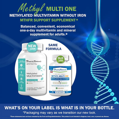 Power By Naturals Methyl Multi One – Iron-Free Methylated Multivitamin with 5-MTHF, Methyl B12 & CoQ10 – Methylation Support for Men and Women – Vegan, Non-GMO – 60 Capsules