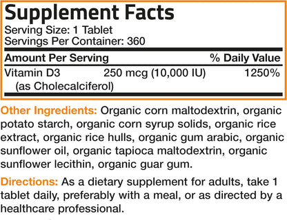 Bronson Vitamin D3 10,000 IU (250 mcg) Certified Organic High Potency Non-GMO Food Supplement, 360 Tablets