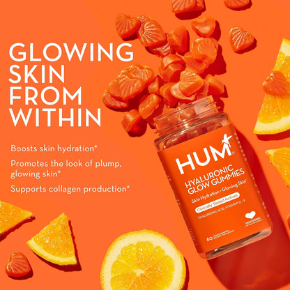 HUM Hyaluronic Glow Gummies - Skin Hydration Supplement with Hyaluronic Acid, Vitamin C and Vitamin E (60 Vegan Gummies)