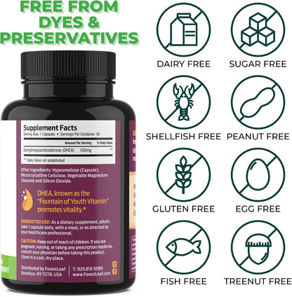 ForestLeaf DHEA 100mg – Micronised DHEA Supplement – Supports Energy, Hormone Balance & Healthy Ageing – 90 Capsules