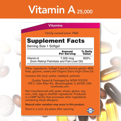 NOW Foods Vitamin A, 25000 IU from Fish Liver Oil, 250 Soft-gels (Multi-Pack)