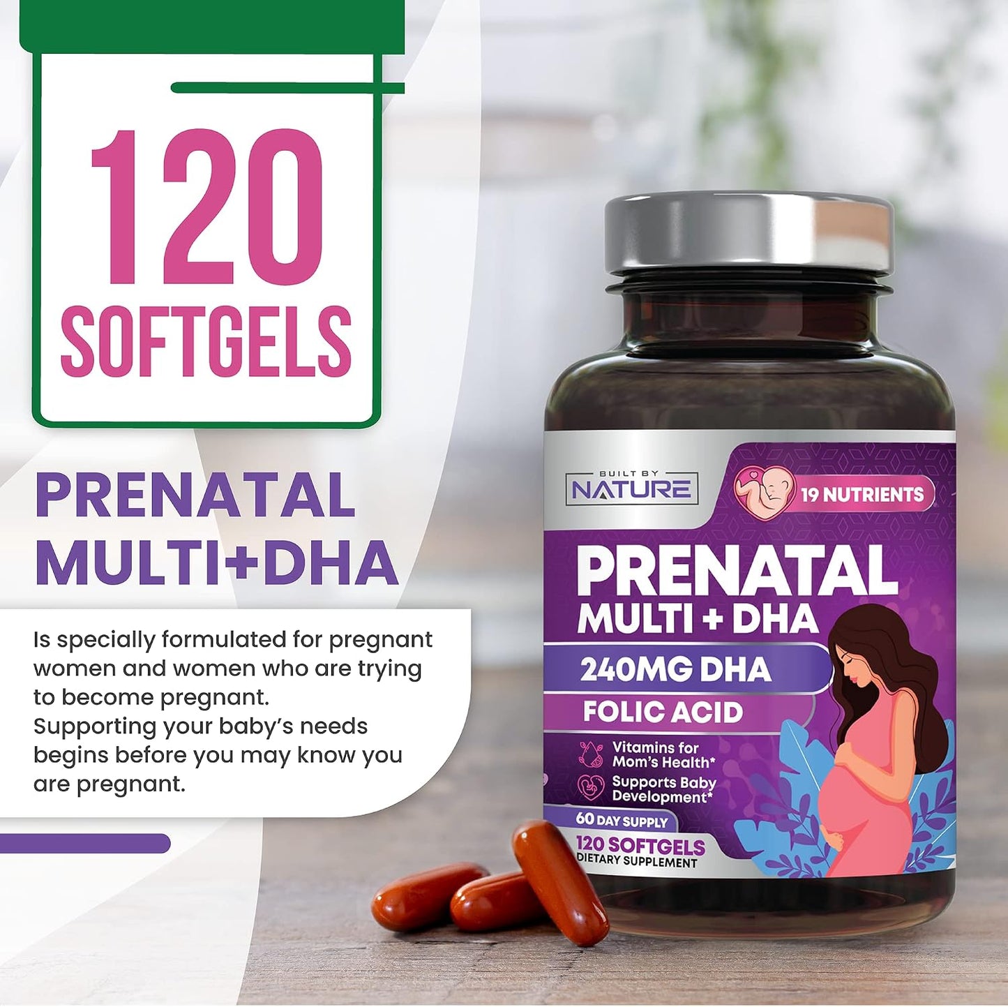 Built by Nature Prenatal Vitamins for Women - 120 Softgels - görsel 6