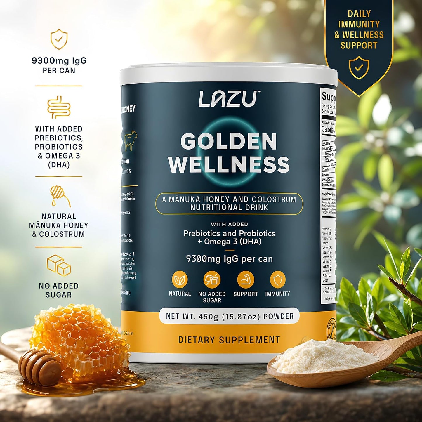 Lazu Golden Wellness Colostrum Supplement - Grass-Fed Bovine Colostrum with Manuka Honey, Probiotics & Omega-3 (450g) - görsel 3